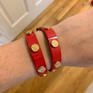 Tory Burch logo studded wrap bracelet, red patent